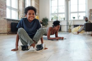 children and pets on hardwood floor